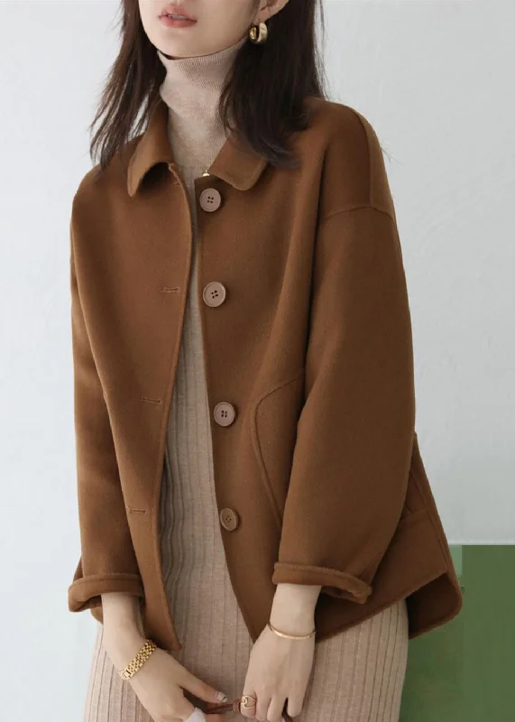 Easy Fashion Affordable Cozy Style New Coffee Button Pockets Patchwork Woolen Coat Long Sleeve