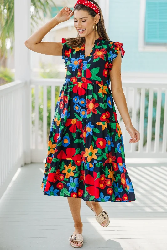Urban Chic Relaxed Streetwear Fit Created Beauty Navy Blue Floral Midi Dress