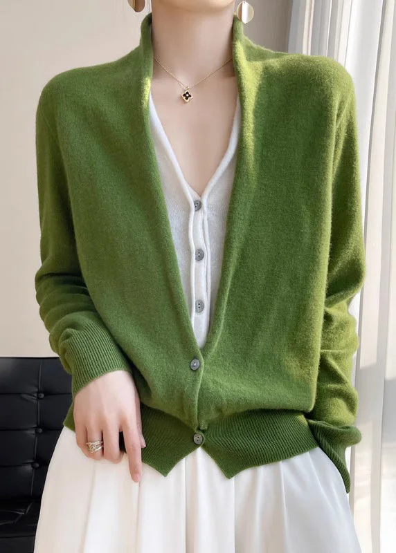 Warm Wear Cozy Chic Looks Women Green V Neck Button Patchwork Wool Knit Top Fall