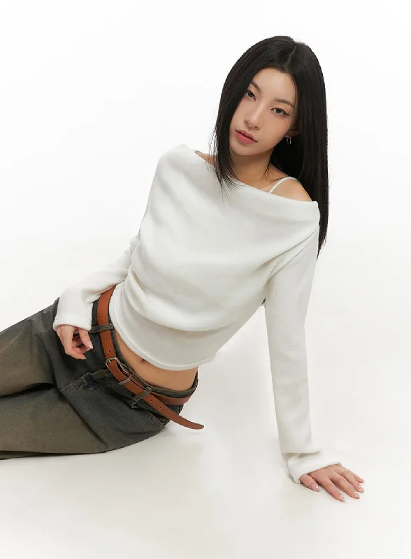 Cozy Fashion Comfortable Fashionwear Classic Off-Shoulder Long-Sleeve Crop Tee ID431