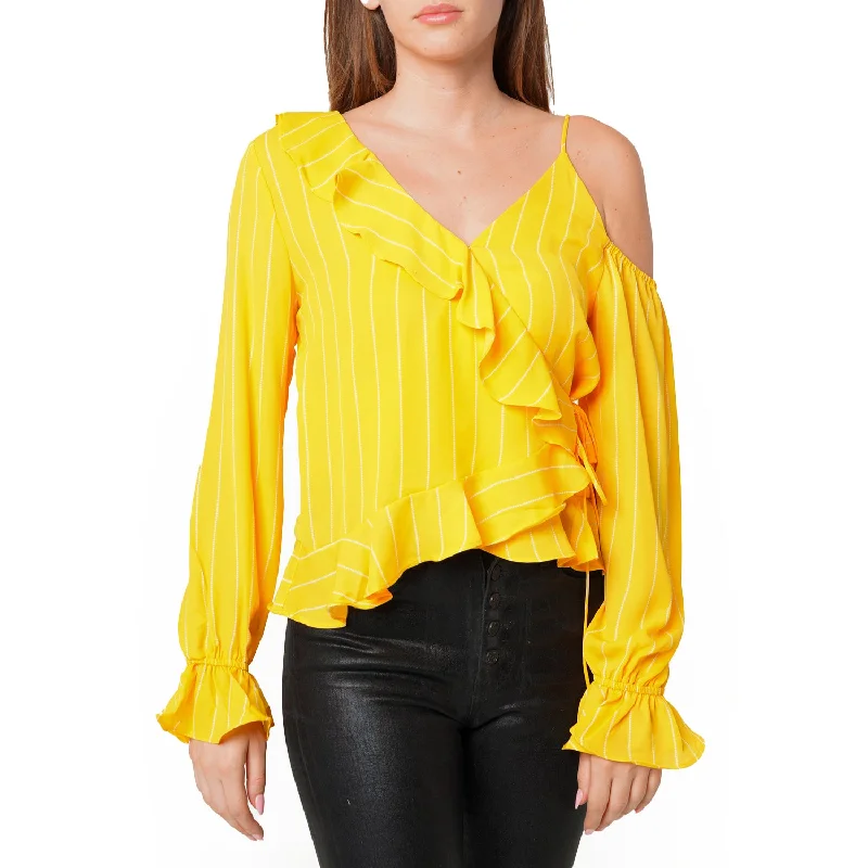 Everyday Comfort Trendy Soft Fit Women's Asymmetrical Shoulder Ruffle Blouse in Yellow
