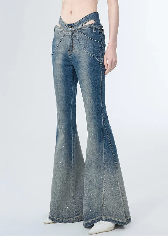 Versatile Wear Casual Chic Options Modern Blue Zircon Hollow Out Denim Flared Trousers Spring