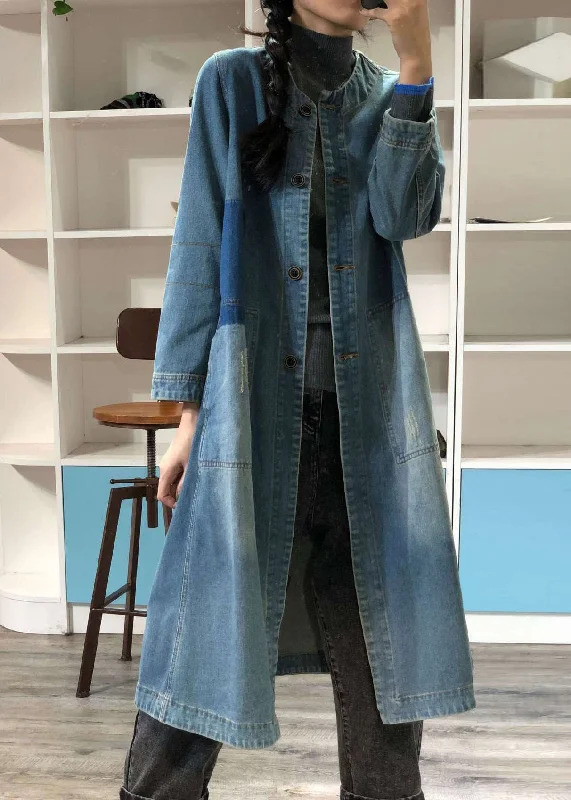 Effortless Wear Trendy Soft Comfort Loose Blue O-Neck Button Patchwork Denim Coat Outwear Spring