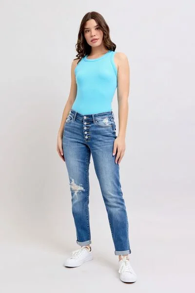 Soft Style Comfortable Layered Looks Judy Blue Full Size Button Fly Distressed Jeans with Pockets