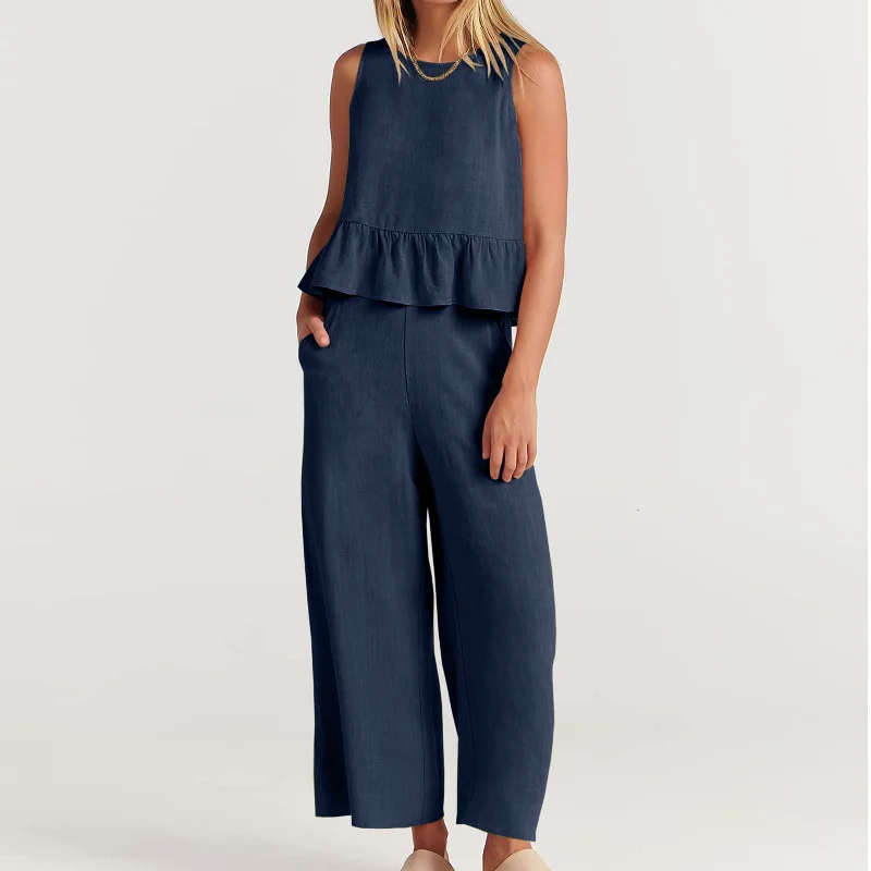 Soft Touch Affordable Soft Layers Summer Sleeveless Linen Two Pieces Women Suits