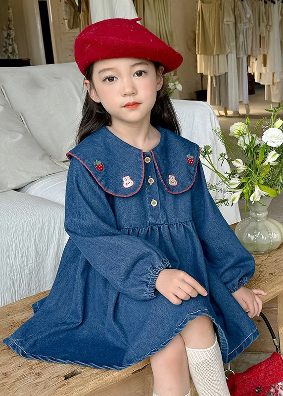 Effortless Comfort Comfortable Warm Layers Vogue Blue Peter Pan Collar Embroideried Kids Denim Mid Dresses Lantern Sleeve