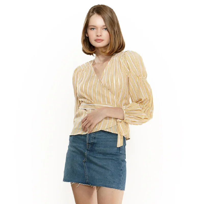 Trendy Wear Comfortable Chic Choices Women's Smocked Sleeve Stripe Wrap Blouse in Yellow