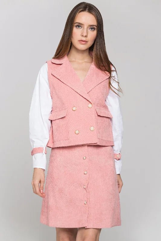 Soft Touch Effortless Cozy Outfits Pink Chord and White Sleeves Blazer and Skirt Set