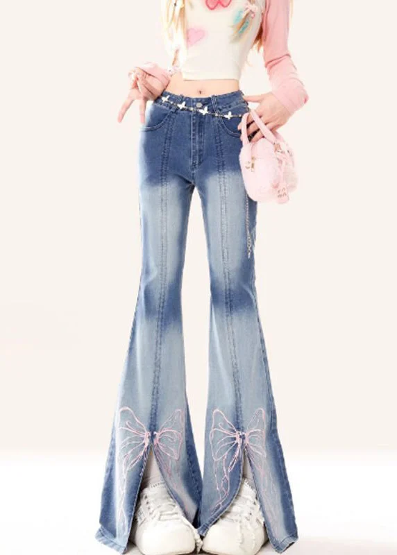 All-Day Wear Simple Chic Options Style Blue Butterfly Embroidered Patchwork Denim Flare Bottoms Spring