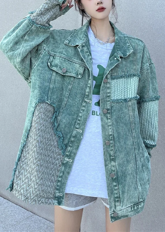 Relaxed Dresses Comfortable Wear Choices Fashion Green Peter Pan Collar Patchwork Denim Jacket Spring