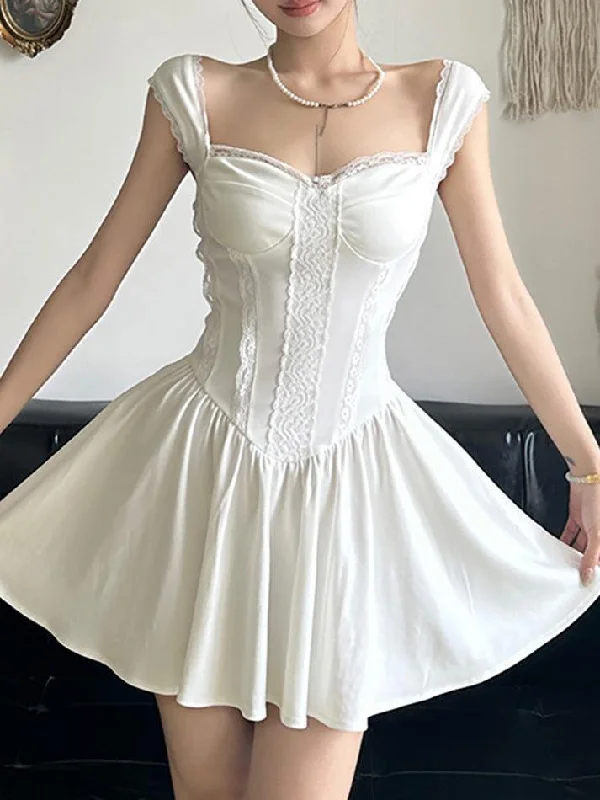 Comfy Dress Trendy Warm Pieces Plain Lace Trim Mini A-Line Corset Dress
