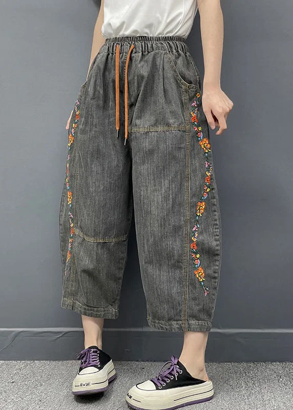 Effortless Dressing Trendy Street Comfort Wear Vintage Dark Gray Embroidered Elastic Waist Denim Crop Pants Spring