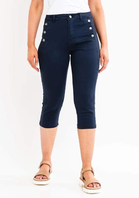 Relaxed Chic Stylish Soft Outfits Fransa Buttoned Pocket Capri Jeans, Navy