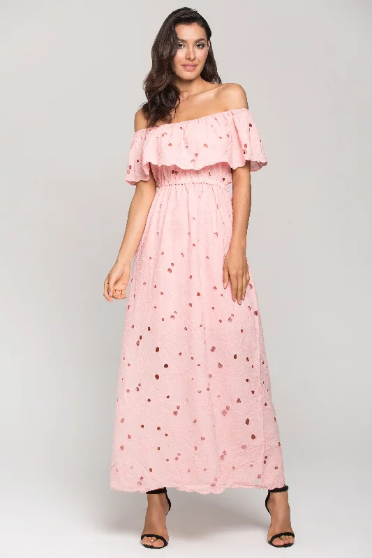 Fashionable Ease Cozy Street Fashion Pink Floral Eyelet Off the Shoulder Midi Dress