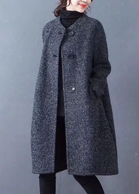 Relaxed Tops Soft Wear Pieces French Dark Grey O-Neck Oversized Solid Woolen Coat Outwear Winter