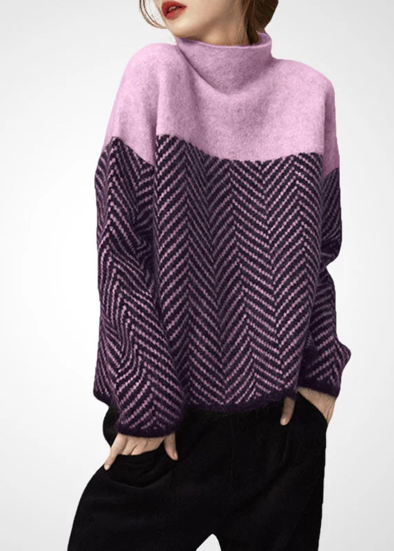 Effortless Elegance Cozy Clothing Choices Art Purple High Neck Oversized Patchwork Wool Short Sweater Winter