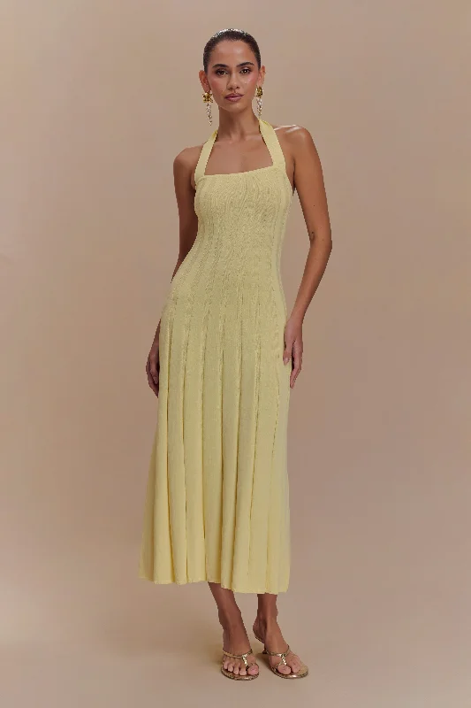 Soft Touch Trendy Soft Looks Jacqui Halter Knit Midi Dress - Lemon