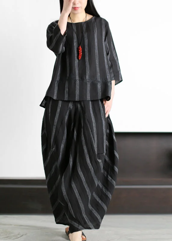 Chic Outfits Comfortable Layered Looks Original Loose Black Embroideried Striped Tops And Harm Pants Linen Two Pieces Set Summer Chic Outfits Comfortable Layered Looks Original Loose Black Embroideried Striped Tops And Harm Pants Linen Two Pieces Set Summer