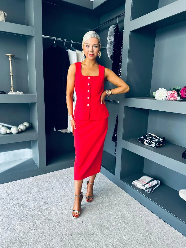 Soft Comfort Cozy Everyday Wear Vicky Waistcoat And Skirt Set Red
