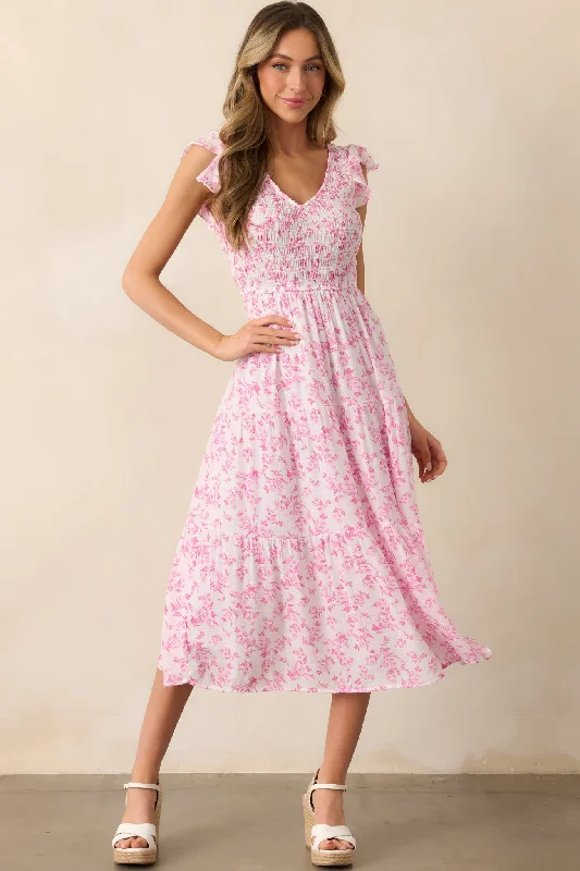 Relaxed Fashion Comfy Layering Trends When In Rome Pink Floral Smocked Flutter Sleeve Midi Dress