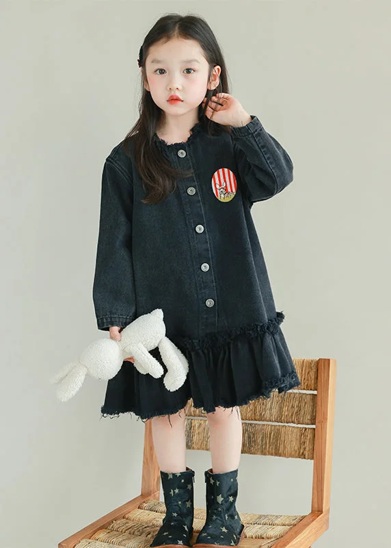 Comfort Fit Practical Chic Pieces Fine Black O-Neck Ruffled Patchwork Girls Denim Long Dresses Spring