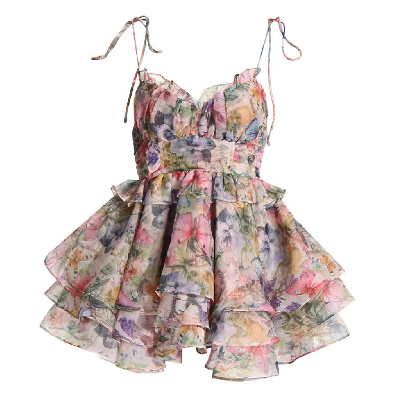 Effortless Elegance Comfy Fashion Options Fairy Butterfly Print Tie Strap High Waist Ruffle Tiered Micro Mini Sundress