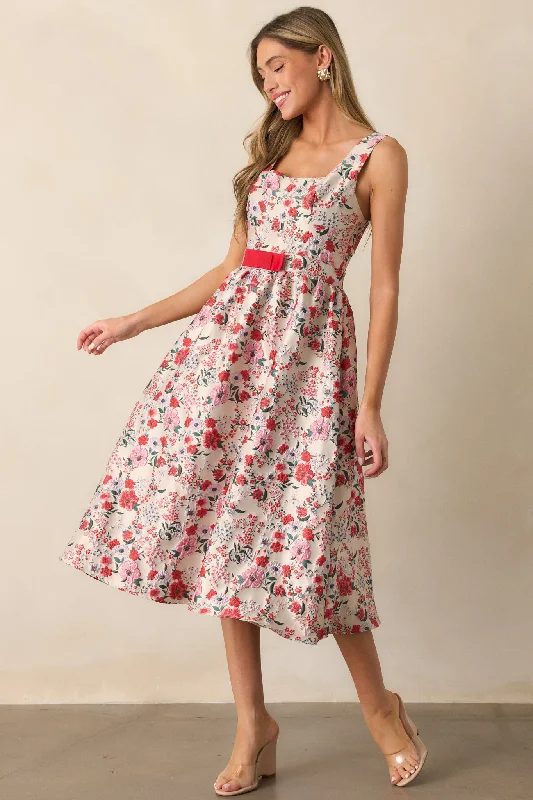 Everyday Style Affordable Cozy Style Sunlit Mornings Red Floral Jacquard Midi Dress