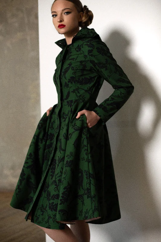 Chic Outfits Simple Comfort Trends Fit and Flare Coat with Pleated Skirt in Green and Black | 'Forest Flower'