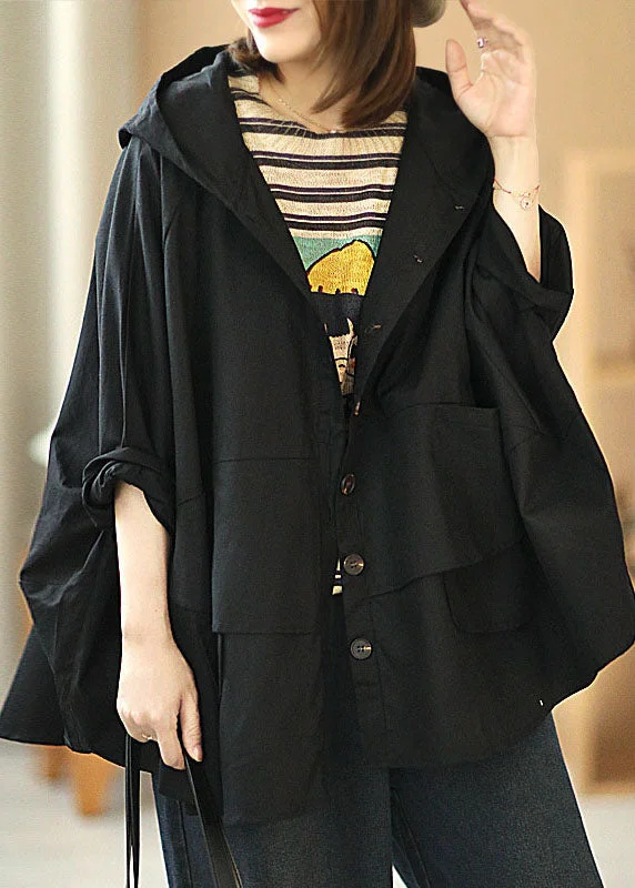 Chic Lounge Casual Soft Layers Modern Black Loose Button Pockets Fall Hoodie Coat