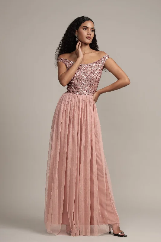 Cozy Knits Comfortable Everyday Pieces Nina Taupe Embellished Bridesmaid Maxi Dress