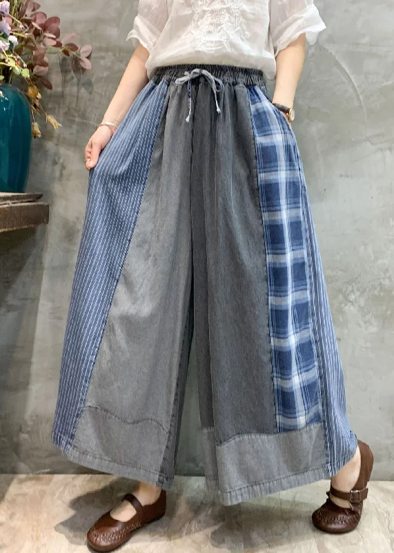Sporty Elegance Relaxed Street Fashion Vintage Grey Pockets Patchwork Denim Wide Leg Pants Fall