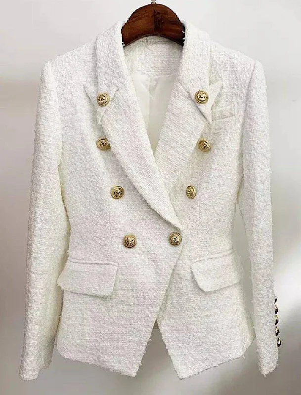 Chic Outfits Comfortable Fashionwear White Tweed Blazer With Decorative Gold Buttons Chic Outfits Comfortable Fashionwear White Tweed Blazer With Decorative Gold Buttons