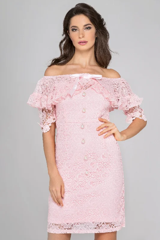 Relaxed Fashion Comfortable Chic Choices Pink Lace Pearl Off Shoulder Mini Dress