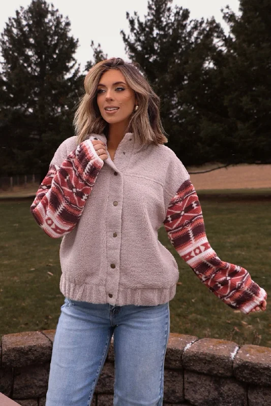 Comfortable Jeans Soft Street Fashion Aztec Print Teddy Jacket - Taupe - FINAL SALE