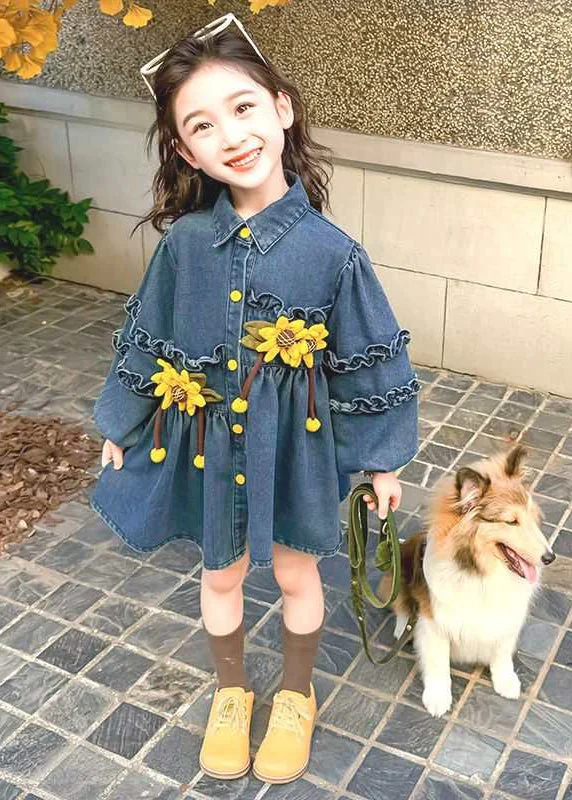 Cozy Vibes Soft Wear Pieces Art Denim Blue Ruffled Patchwork Button Girls Mid Dress Spring