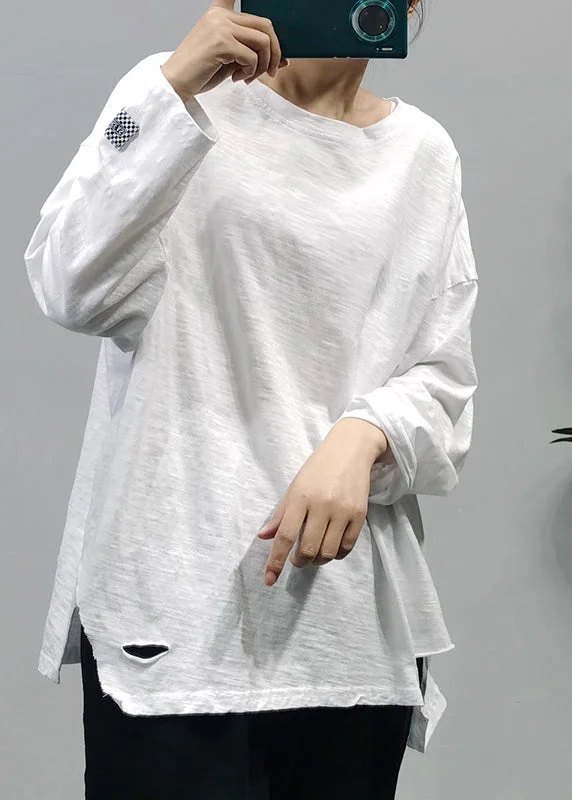 Elegant Wear Practical Warm Clothing Modern White O-Neck Hole Patchwork Cotton Top Long Sleeve