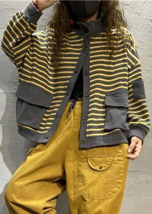 Trendy Dresses Trendy Streetwear Outfits Yellow Striped Patchwork Coats Outwear Long Sleeve