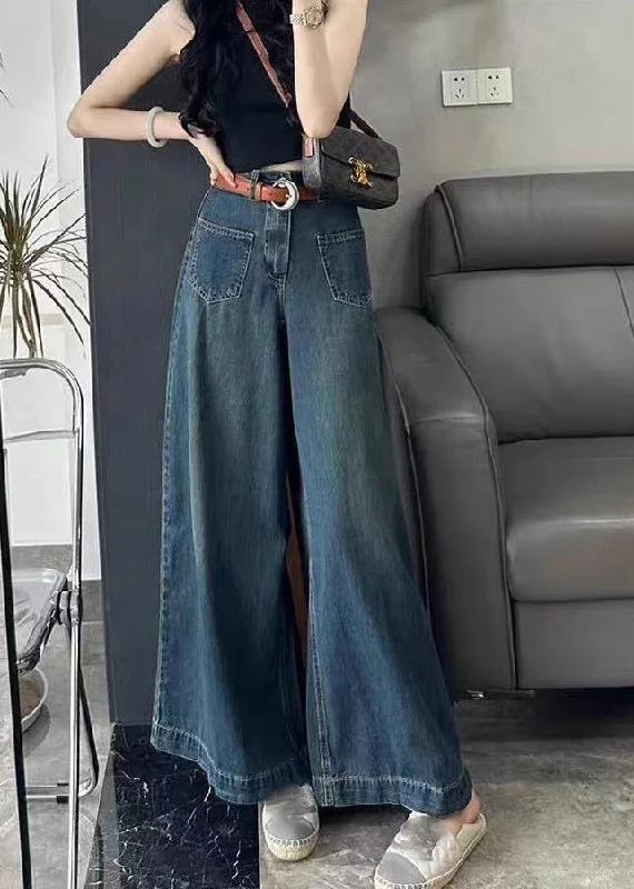 Cozy Apparel Practical Style Choices Italian Blue Pockets High Waist Denim Wide Leg Pants Spring