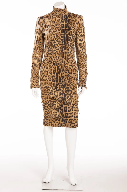 Comfort Fit Trendy Cozy Wearables Roberto Cavalli - As Seen on 2001 Runway Collection - 2PC Ripped Leopard Jacket + Pencil Skirt - S