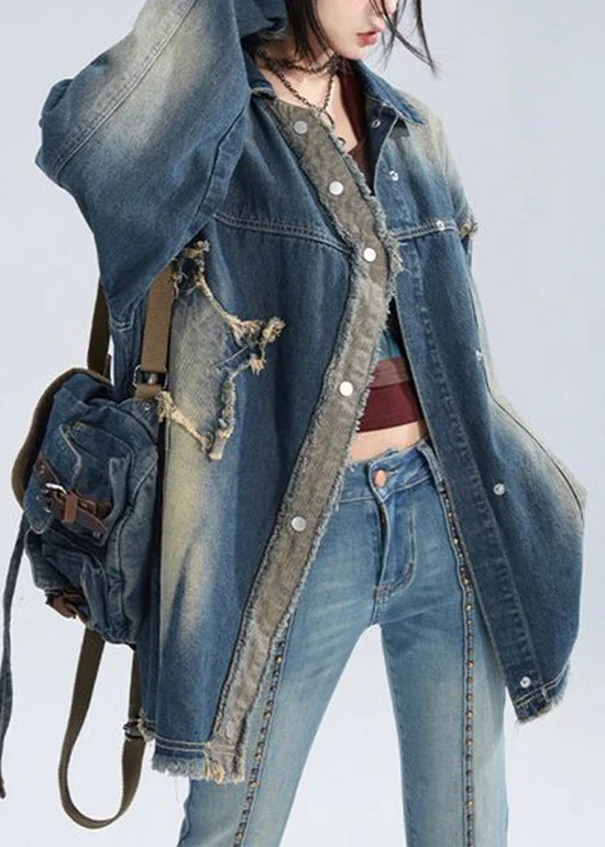Breezy Comfort Trendy Comfy Outfits American Style Blue Peter Pan Collar Patch Denim Coat Spring