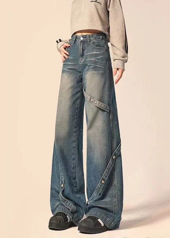 Casual Chic Wear Fashionable Cozy Wear American Style Blue Pockets Patchwork Denim Straight Pants Spring