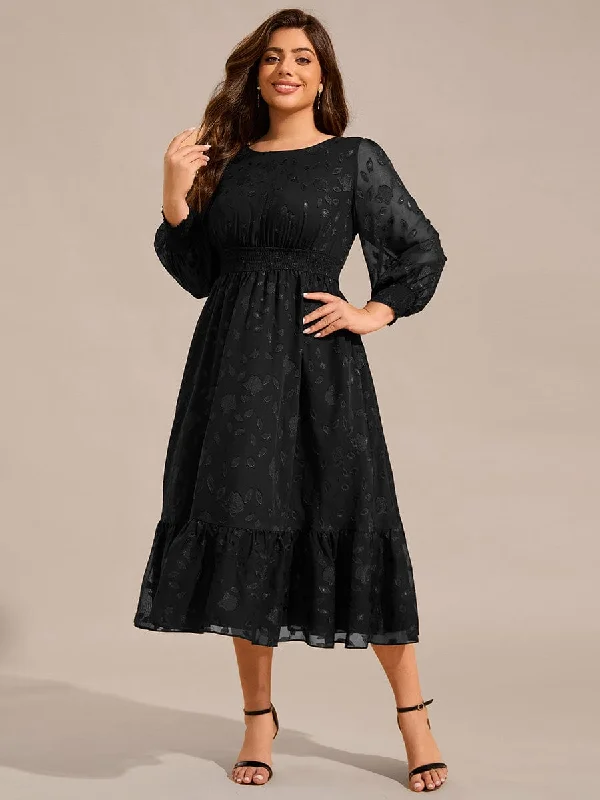 Cozy Knits Soft Daywear Fits Alice | Plus Size Long Sleeve Round Neckline Chiffon Wedding Guest Dress