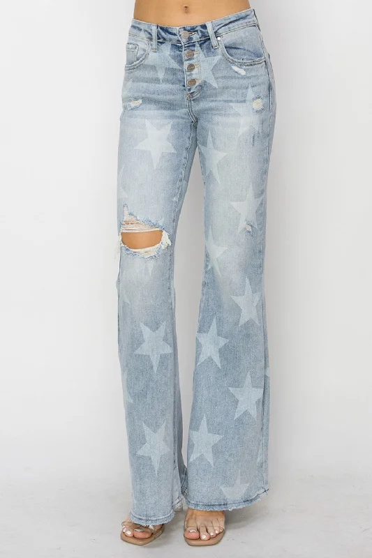 Cozy Outfit Simple Chic Options RISEN Mid Rise Button Fly Start Print Flare Jeans