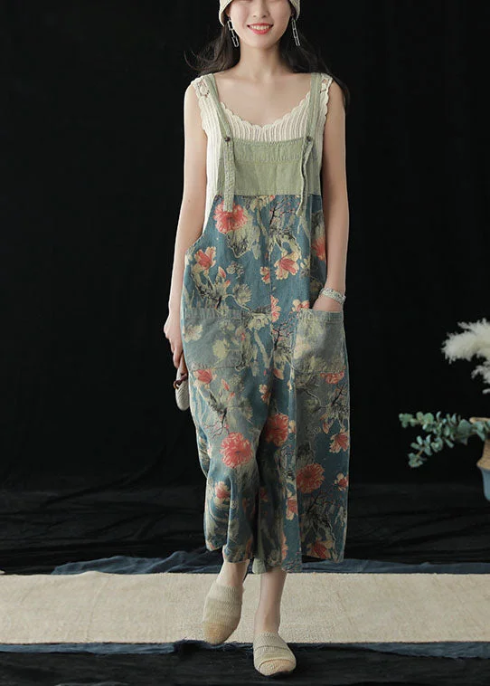 Cozy Chic Wear Effortless Cozy Wear Casual Blue Pockets Patchwork Print Cotton Denim Wide Leg Pants Jumpsuit