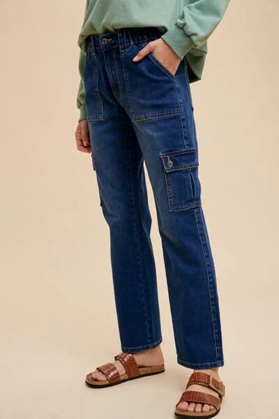 Smart Casuals Trendy Street Comfort Wear Annie Wear Dark Wash Straight Leg Jeans with Cargo Pockets