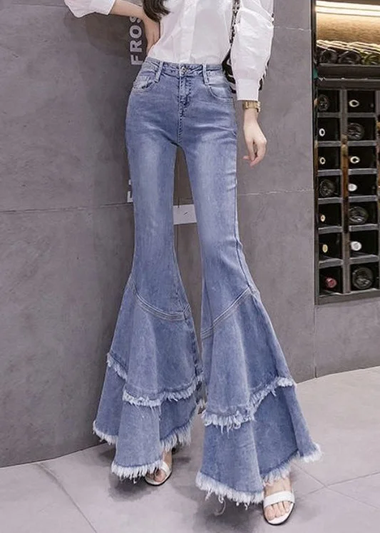 Comfortable Dresses Comfortable Wear Choices Stylish Blue Tasseled Patchwork Denim Flared Trousers Spring