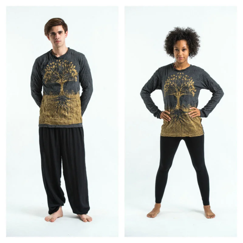 Effortless Elegance Casual Soft Fit Unisex Tree of Life Long Sleeve T-Shirt in Gold on Black