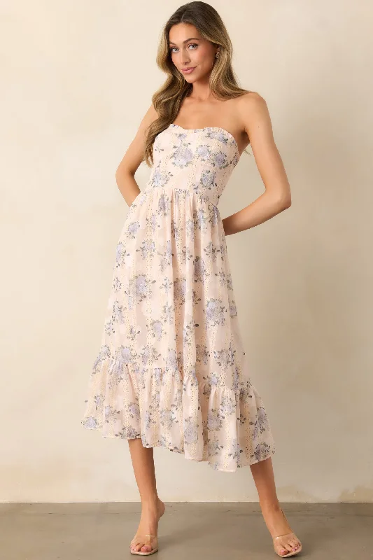 Cozy Shirts Street Fashion Comfort Hidden Gem Periwinkle Floral Embroidered Eyelet Strapless Midi Dress