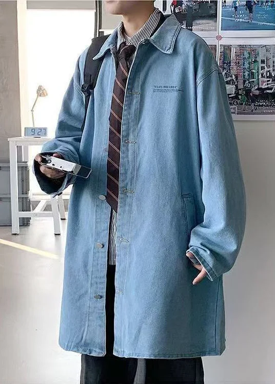 Relaxed Tops Soft Wear Fit New Blue Peter Pan Collar Button Denim Men Coat Spring