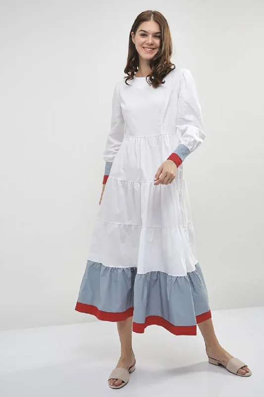 Cozy Outerwear Cozy Fashion Pieces White and Blue Cuff Long Sleeves Midi Dress